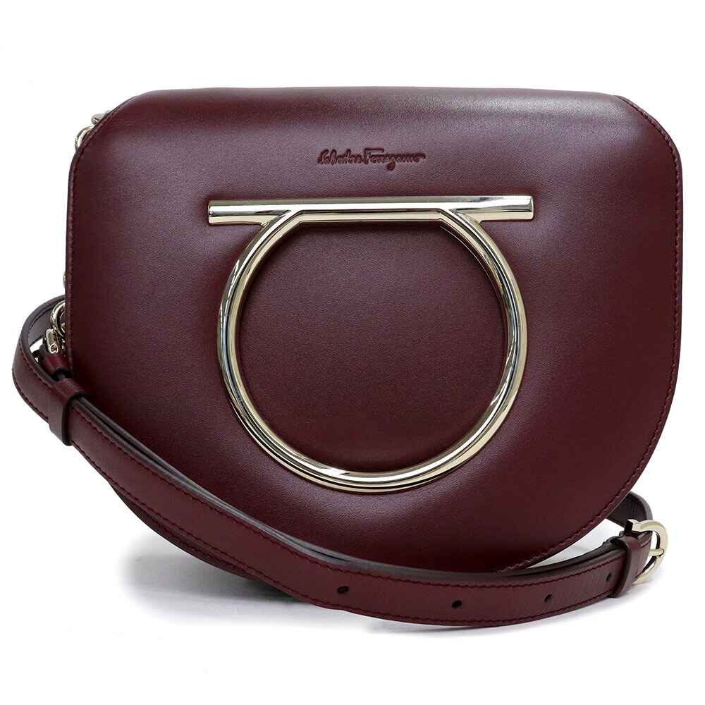 Salvatore Ferragamo Gancini Chain Crossbody Bag Wine Red Red Calfskin Leather